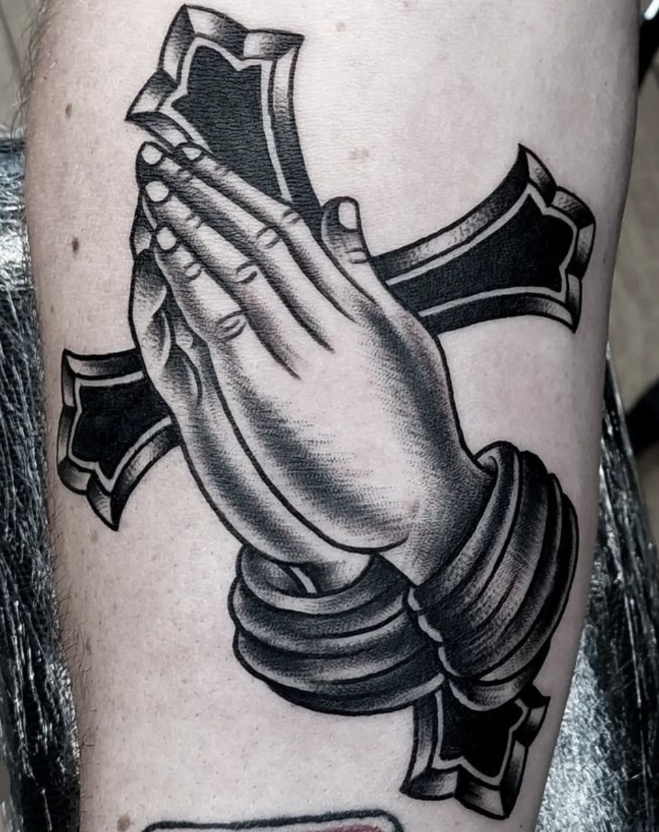 neo traditional tattoo cross by vatican lounge in manchester uk