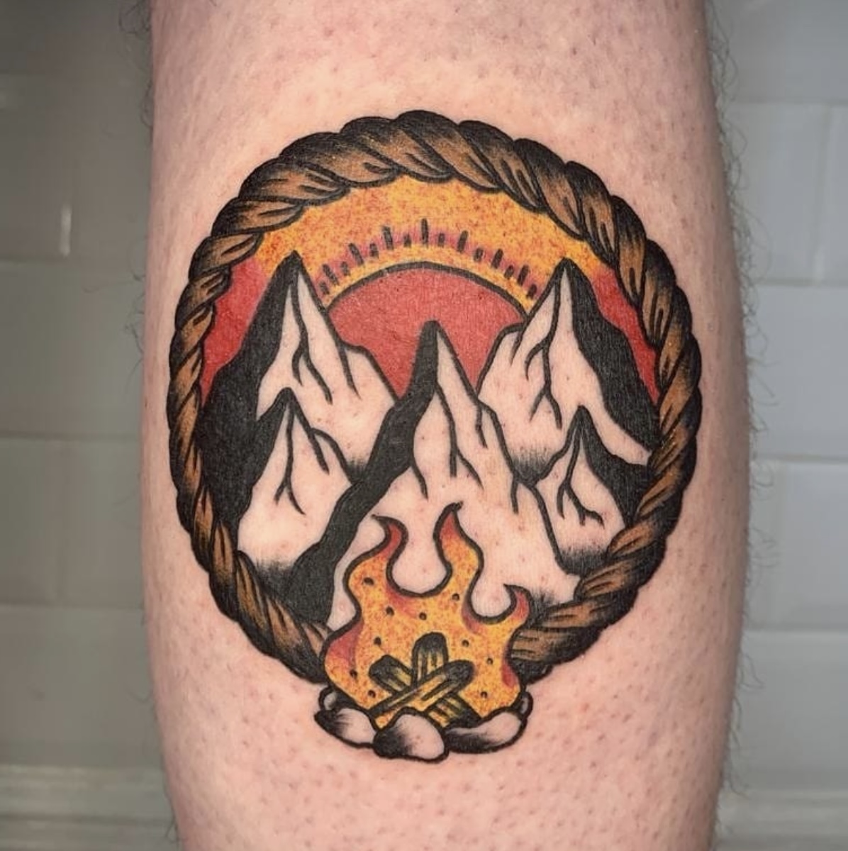 neo traditional tattoo mountains by vatican lounge in manchester uk