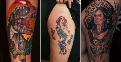 The collage of three images represents both the blog category and article. It visually showcases the neo-traditional tattoo style featured in the blog post by Vatican Lounge in Manchester, providing a comprehensive overview of the tattoo style through various examples.