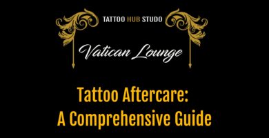 This image serves as a background for a comprehensive guide on tattoo aftercare provided by Vatican Lounge. It likely features relevant text or visual elements that outline essential steps and tips for caring for a new tattoo to ensure proper healing and longevity.